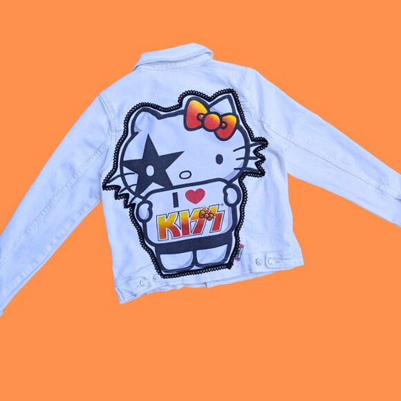 Handmade, Upcycled Hello Kitty/Kiss White Denim Jacket Size M - Picture 3 of 4
